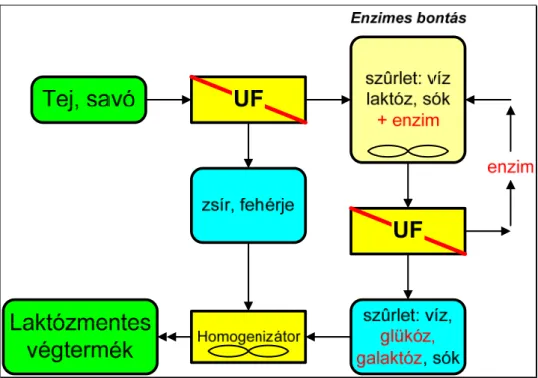 16. ábra. Tejsavó laktózmentesítése kétlépcsős membrántechnikai eljárással 