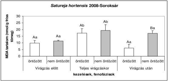 13. ábra MDA koncentráció változása szabadföldön nevelt, öntözött és öntözetlen Satureja  hortensis növényben, 2008-ban (átlag ± SD)