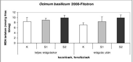 15. ábra MDA koncentráció változása fitotronban, eltérő TVK mellett nevelt Ocimum basilicum  levelekben, 2008-ban (átlag ± SD)