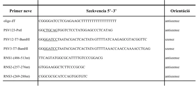 4. táblázat. A PSV-Rp izolátum meghatározásához használt primerek neve, nukleotid sorrendje és  orientációja (az aláhúzott nukleotidok a restrikciós helyeket, a dőltel jelöltek a T7 RNS polimeráz  promóterének szekvenciáját jelölik) 