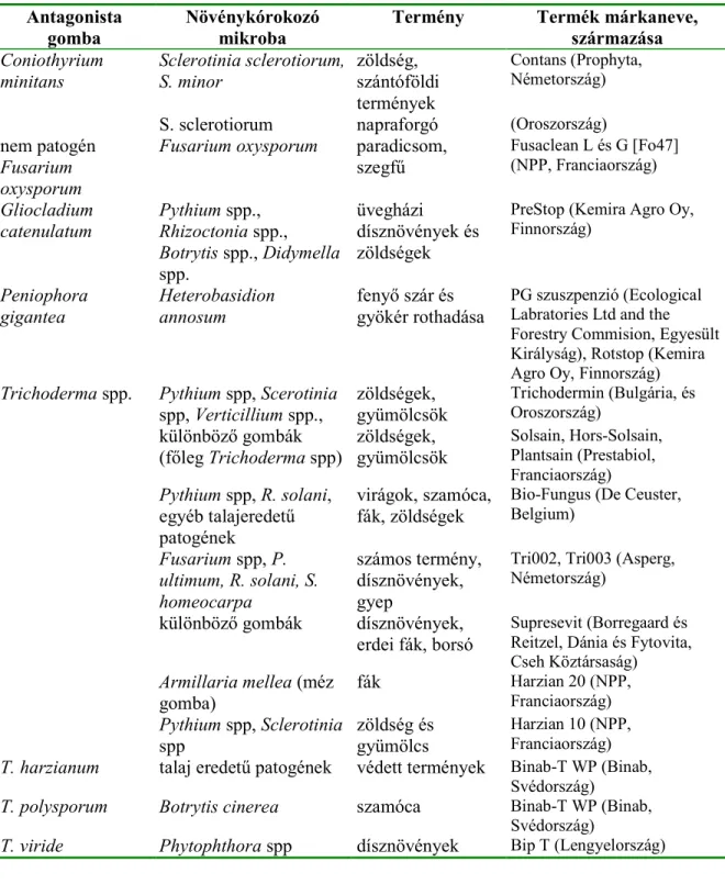 9. táblázat Növénykórokozó mikroorganizmusokat gátló, kereskedelemben is megtalálható,  szabadföldön alkalmazott antagonista gombát tartalmazó termékek (VRIJE et al., 2001)  Antagonista 