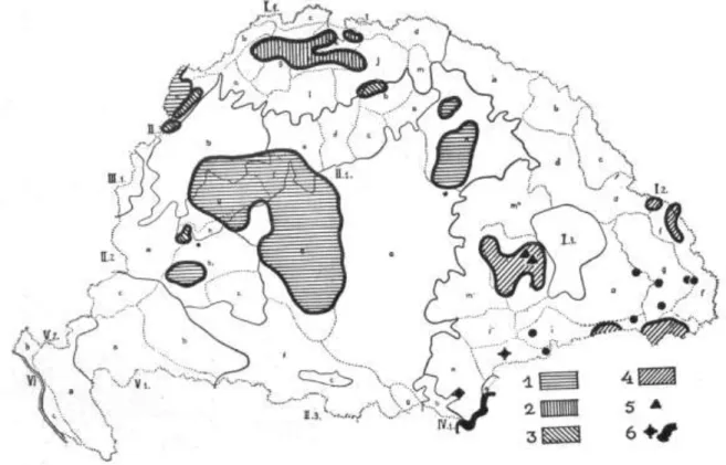 8. ábra: A Dianthus sect. Plumaria képviselői a Kárpát-medencében, mint vikariáns  endemizmusok, Soó nyomán (1945) 