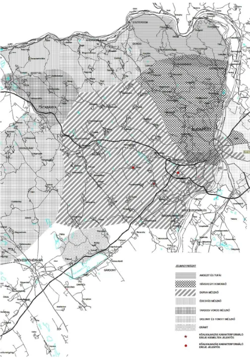 1. ábra:  Geographic spread of building stones in the A Dunazug  mountain and Visegrádi mountain.