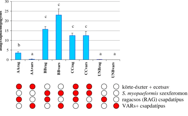 11. ábra. A S. myopaeformis átlag fogása június 9. és július 28. között a különbözı csalétek és  csapdatest  kombinációjú  csapdákban  (Tordas,  2009)