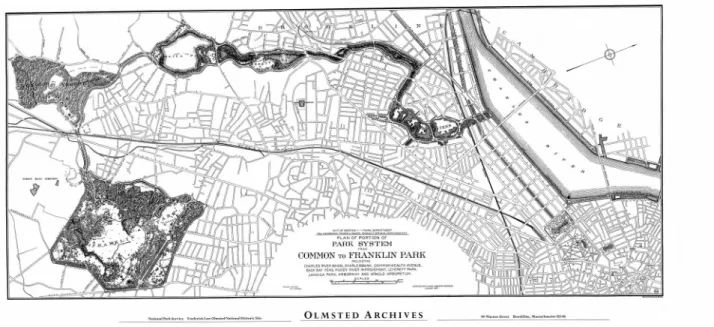 1. ábra: Olmsted parkrendszer terve Boston városi közparkjától a Franklin parkig, 1894  (forrás: wikipedia.org)