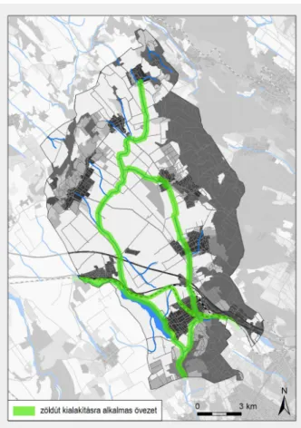 5. ábra: Tervezett térségi  kerékpárút zöldút alternatívája  hagyományos településközi út  mentén (saját szerkesztés)