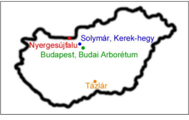 Figure 1. Research locations in Hungary  (self made map based on http://www.budapest-geo.hu) 