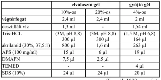 5. Táblázat. A fehérjék elválasztására alkalmazott poliakrilamid gél összetétele  elválasztó gél  gyűjtő gél 
