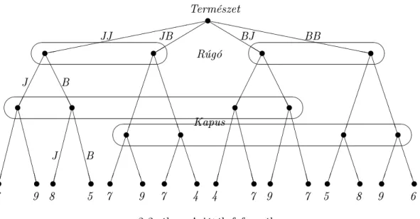 A 2-1. ábra négy táblázata, négy mátrixjáték. Mivel a lábasság-kezesség pároknak négyféle variációja lehetséges, így négy játékunk van (BJ jelentése: ballábas-jobbkezes)
