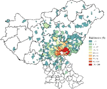 1. ábra A szegedi középiskolák vonzáskörzete a 2018/2019. tanévben  Forrás: a kutatásba bevont szegedi középiskolák adatszolgáltatásai alapján 