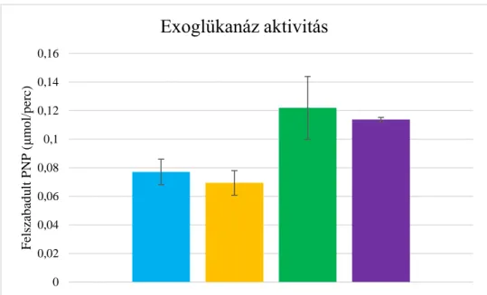 12. ábra. Exoglükanáz enzimaktivitás, adaptált (kék), adaptált+Ca. saccharolyticus (sárga), nem  adaptált (zöld), nem adaptált+Ca