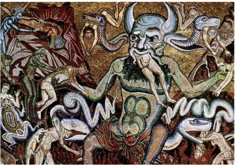 7. kép: Coppo di Marcovaldo: Utolsó ítélet (mozaik). Részlet Lucifer alakjával  Keresztelőkápolna, Firenze (1260-1270) 206