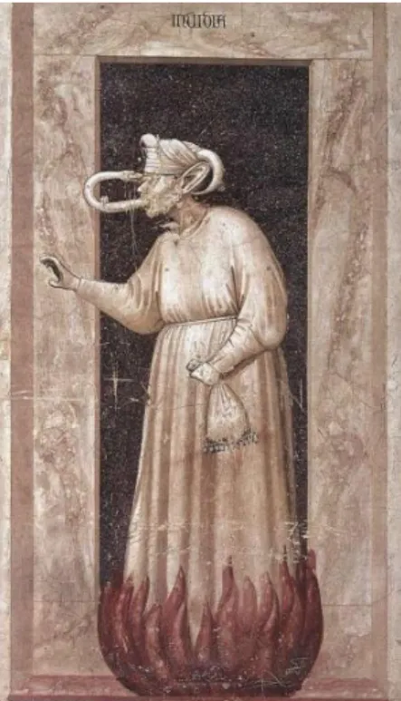 9. kép: Giotto di Bondone: Az Irigység allegorikus figurája (freskó)   Scrovegni-kápolna, Padova (1306 körül) 