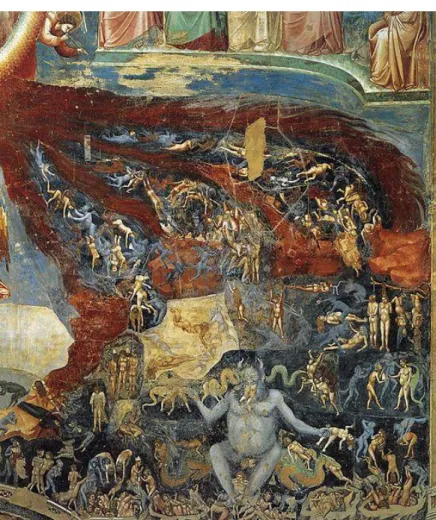14. kép: Giotto di Bondone: Az Utolsó ítélet (freskó). Részlet Luciferrel és a tűzfolyammal  Scrovegni-kápolna, Padova (1306)
