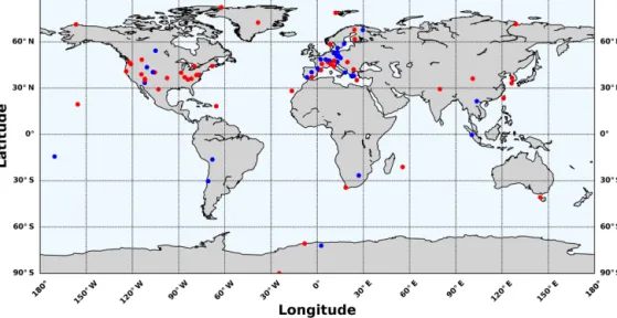 Figure 1. Location of sites contributing to the present study. In blue, sites which provided information for the reference year 2017 and in red, sites that in addition, provided &gt; 10-year time series for optical properties used in Collaud Coen et al