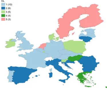 2. ábra: Az EU28 országok csoportosítása a társadalmi részévétel faktorváltozója  alapján (2015) 