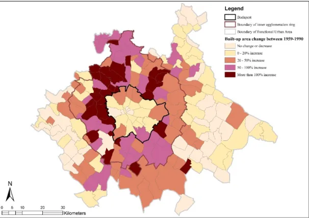 Figure 2. The expansion of built-up zones between 1959 and 1990. Source: elaboration of the  authors