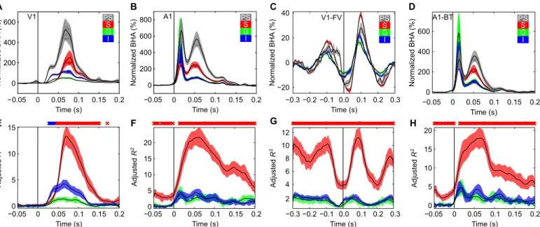 Fig. 4. Laminar contributions to the pial surface BHA signal. (A to D) BHA recorded from pial surface, supragranular, granular, and infragranular layers (gray, red, green,  and blue, respectively) of (A) V1 during whole-screen flash stimulation (n = 31 exp