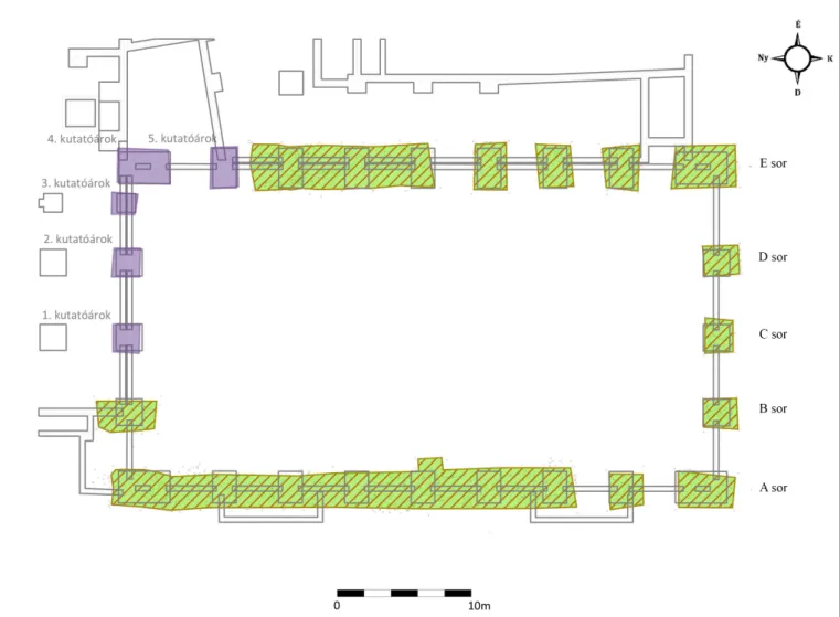 Fig. 2. The 2019 excavation. Purple: test excavation by Tünde Horváth; green: rescue excavation by HNM–HPD