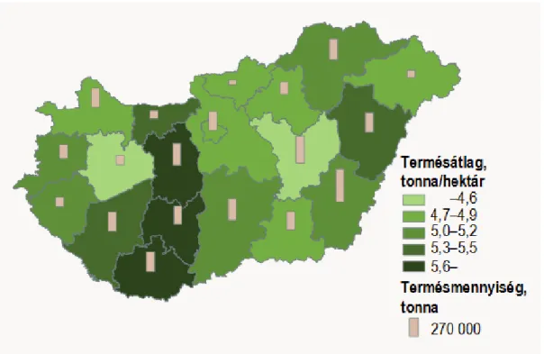 A magyarországi adatok megyei bontása (2. ábra) jelentősen korrigálja a természeti hátránnyal  érintett  területek  kedvezőtlen  adottságaiból  fakadó  alacsony  termelékenységet