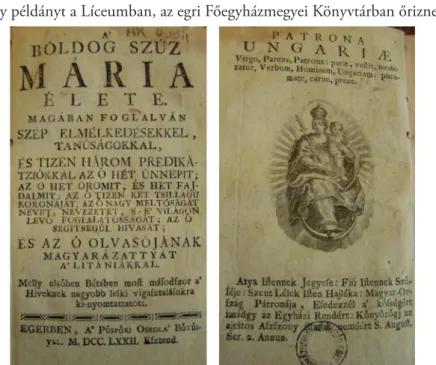 7–8. kép: A’ bóldog Szüz Mária élete... című kötet címoldala (balra),  valamint címlapjának hátoldala (jobbra)
