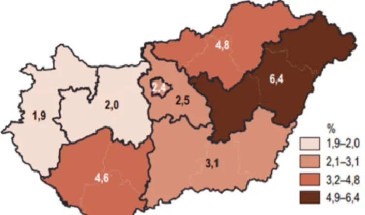 5. ábra: A 15–74 évesek munkanélküliségi rátája régiónként, 2019. I. félév (%)  Forrás: KSH Statisztikai tükör, Munkaerőpiaci folyamatok 2019