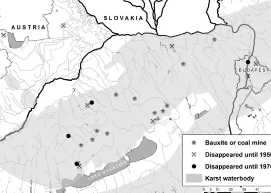Fig. 1. – Past distribution and time of disappearance of Potamogeton coloratus in Hungary between 1940 and 1970.