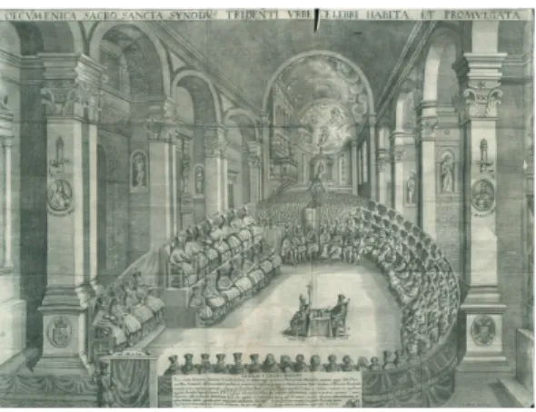 1. kép: Carolus Zanetti metszete: A Tridenti  Zsinat, 1673. Forrás: Michelangelo Mariani: 