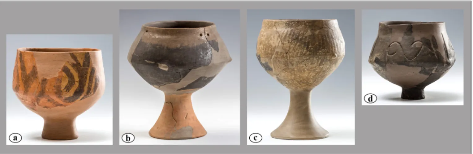 Fig. 4. Typical ceramic styles of the mid-sixth millennium BC in south-eastern Transdanubia, a.: low pedestalled bowl with  painted spiral ornamentation typical for the Starčevo ceramic style from Alsónyék-Bátaszék; b.: Vinča-style vessel fired using 