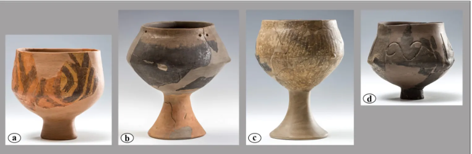 3. kép. Hasonló formájú, enyhén S-profilú, de eltérő díszítésű  edények a Kr. e. 6. évezred második feléből, a.: a 
