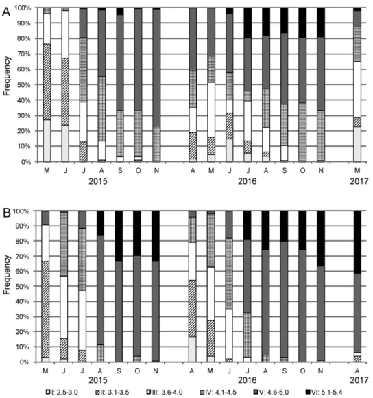 Fig. 3. Relative distribution of size classes (I–VI) over the whole activity period studied in  SW (A) and NE (B) populations of Xerolenta obvia