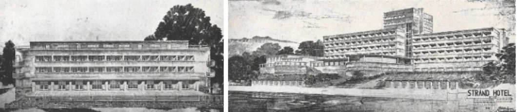 16–17. kép. Balatoni szállodák tervei, az építészeti kongresszuson is kiállított anyag (TF 3 [1930] 404)