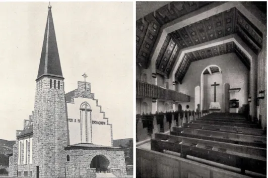 5–6. kép. Az óbudai evangélikus templom 1935-ben és a belső tér 1943-ban   (Györgyi 1935