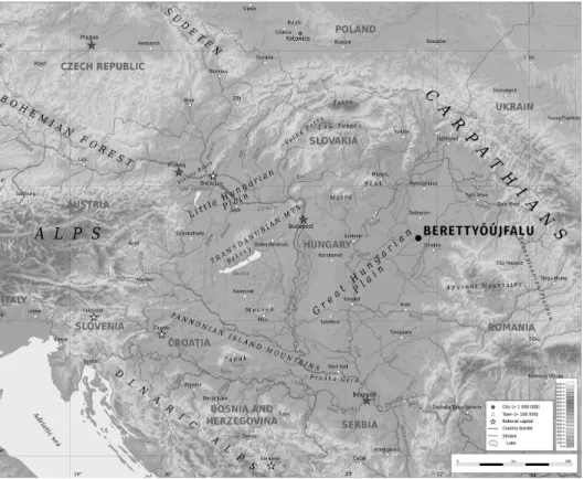 Figure 1. Geographical situation of Berettyóújfalu. Source: Pannonian Basin geographic map   by Ikonact, CC