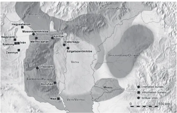 Figure 7.1. Location of the investigated sites and Middle Bronze Age cultures in the  territory of Hungary (after Fischl et al