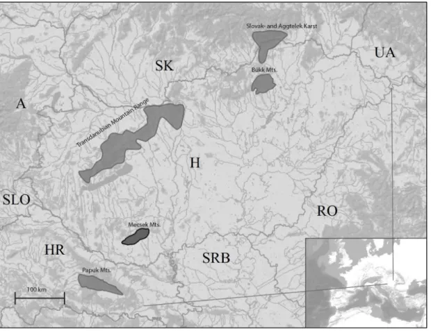 Figure  1:  Location  of  the  Mecsek  Mts.  and  other  karst  areas  within  the  Pannonian  biogeographical region (Made by G