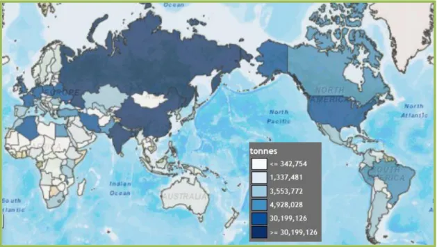 1. ábra: A világ burgonya termelése 2013 (tonna) (FAO, 2013) 