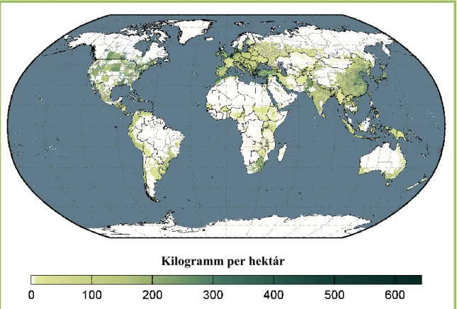 2. ábra: A burgonya termesztés nitrogén műtrágya felhasználási rátája a világon, 2000   (Mueller et al., 2012)