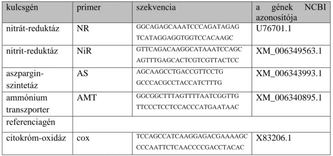 5. táblázat: A vizsgált meghatározó jelentőségű NUE gének primerjei és génszekvenciája 