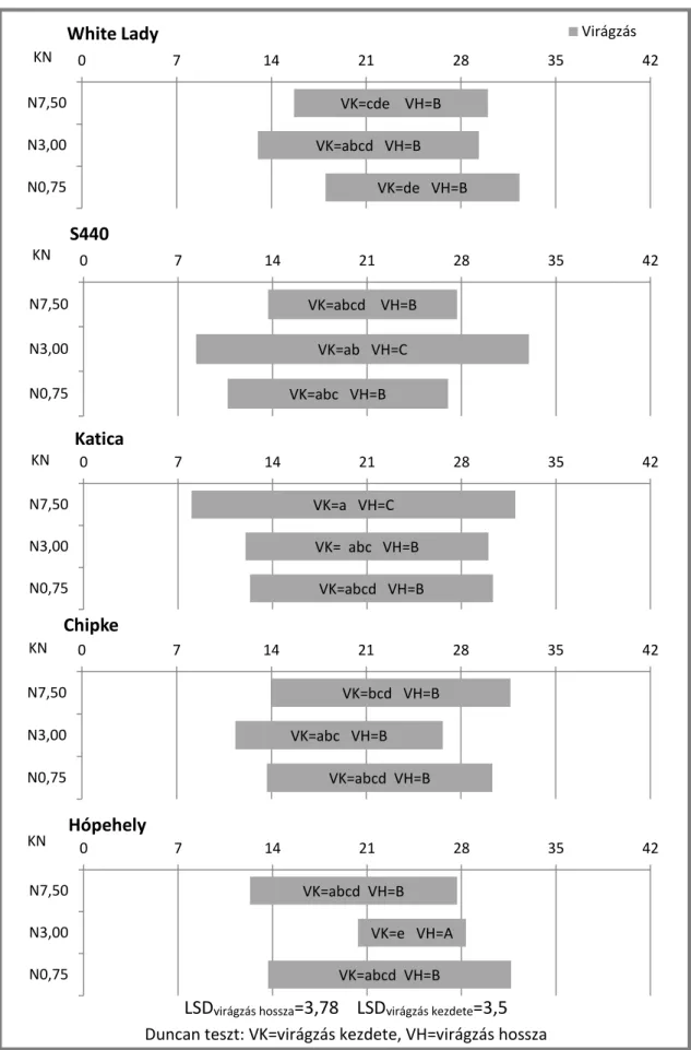 11. ábra: A virágzás alakulása a vizsgált burgonya genotípusoknál a 2013. évi kísérletben a  kezelések időtartama alatt (LSD és Duncan post hoc teszt P&lt;0,05 n=3  