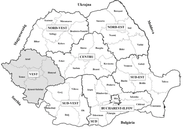 6. ábra. Románia régiói és megyéi*. 