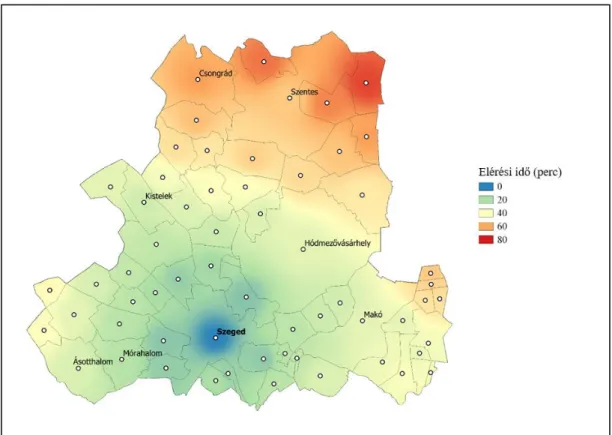 9. ábra A csongrád megyei települések elérhetősége a saját megyeszékhelytől közúton, a  leggyorsabb úton (2019-es adat, a térképen a középiskolákkal rendelkező települések nevei 