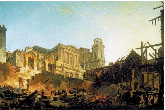 1. kép. Pierre-Antoine Demachy: La Foire Saint-Germain après l’incendie dans la nuit du 16 au 17 mars 1762 [A Saint- Saint-Germain piac az 1762