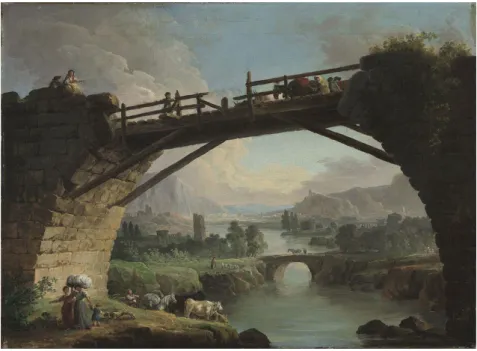 2. kép. Hubert Robert: La Passerelle (Un pont sous lequel on découvre les campagnes de Sabine à quarante lieues de Rome)  [Az átkelő