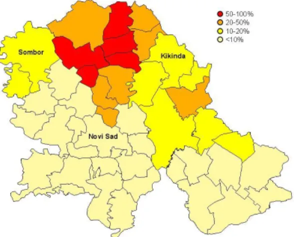 Figure 1: The ratio of ethnic Hungarians by district in the province of Vojvodina  (according to 2011 census data)