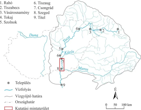 2. ábra. A Tisza vízgyűjtő területe és a vizsgált szakasz elhelyezkedése 