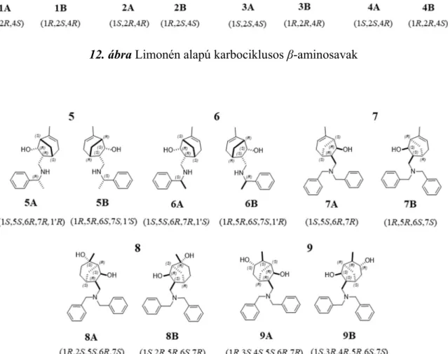 13. ábra Limonénvázas 1,3-aminoalkoholok, illetve 1,3,5-, és 1,3,6-aminodiolok  