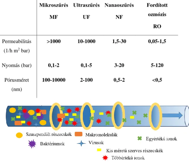 2. ábra Nyomáskülönbségen alapuló membránszűrési eljárások áttekintése intése  (Rezakazemi és mtsai., 2018; Van der Bruggen és mtsai., 2003) 