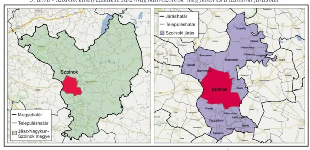 3. ábra - Szolnok elhelyezkedése Jász-Nagykun-Szolnok  megyében és a Szolnoki járásban 