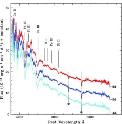8. ábra. Az Iax típusú SN 2005hk szupernóva optikai színképei a maximumot megel˝oz˝oen.
